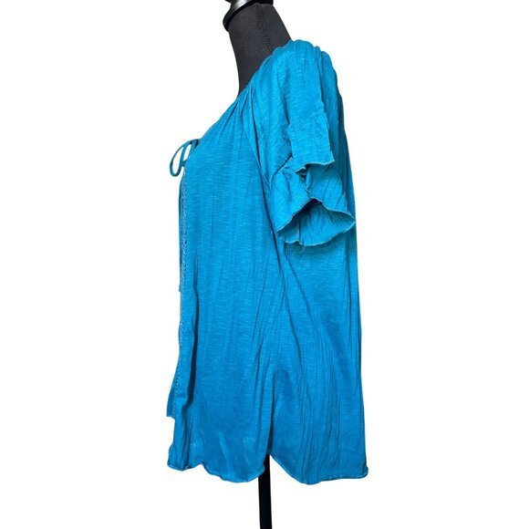 XXL boho lace accent teal short sleeve contrast tunio XXL elastic scoop neck - Picture 2 of 7